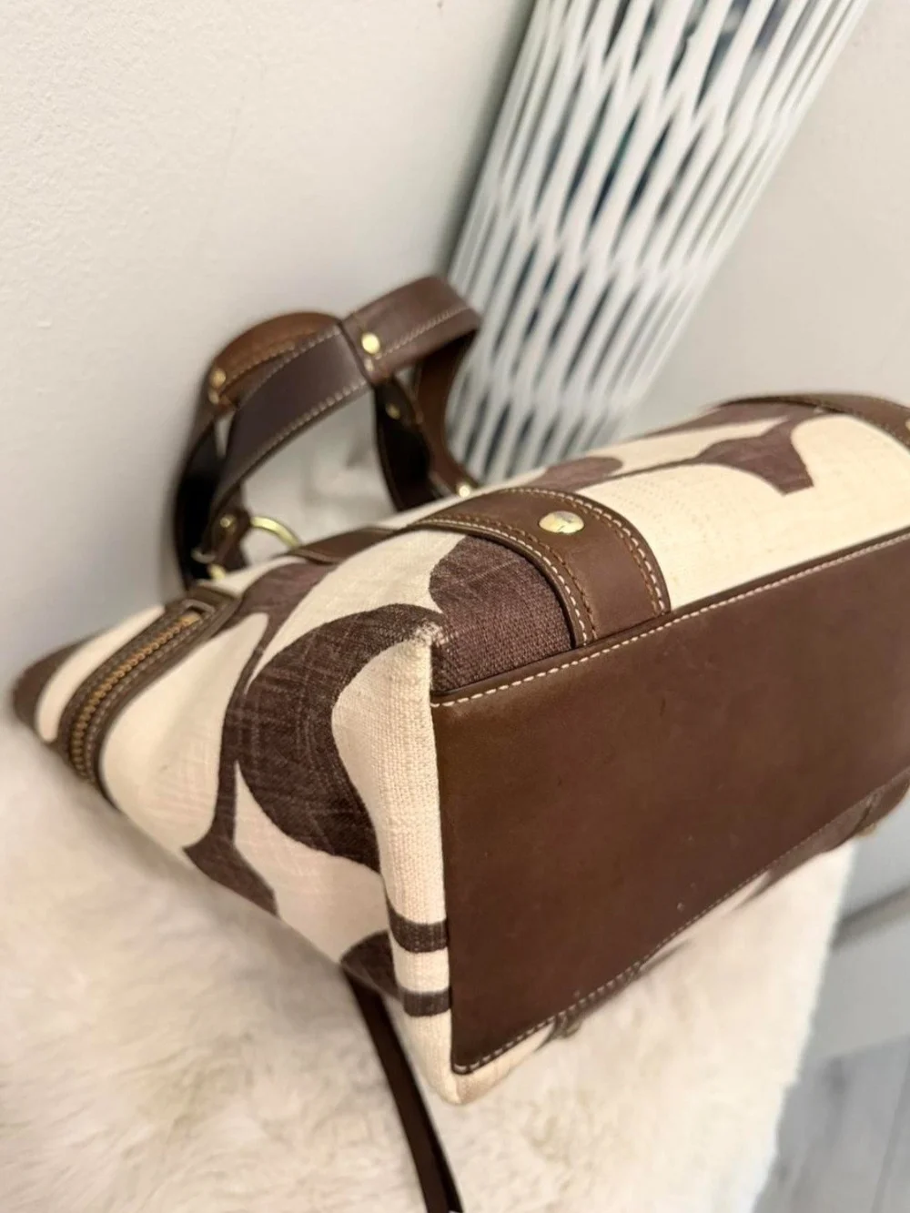 Coach Brown and Cream Signature Satchel with Leather Trim